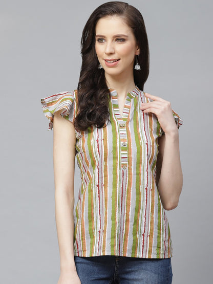 Women's Grey & Multi Regular Vertical Stripes Mandarin Collar Top