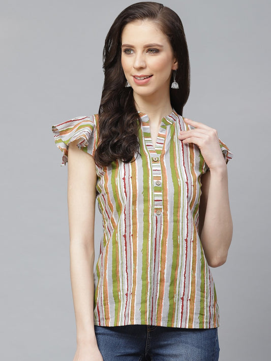 Women's Grey & Multi Regular Vertical Stripes Mandarin Collar Top