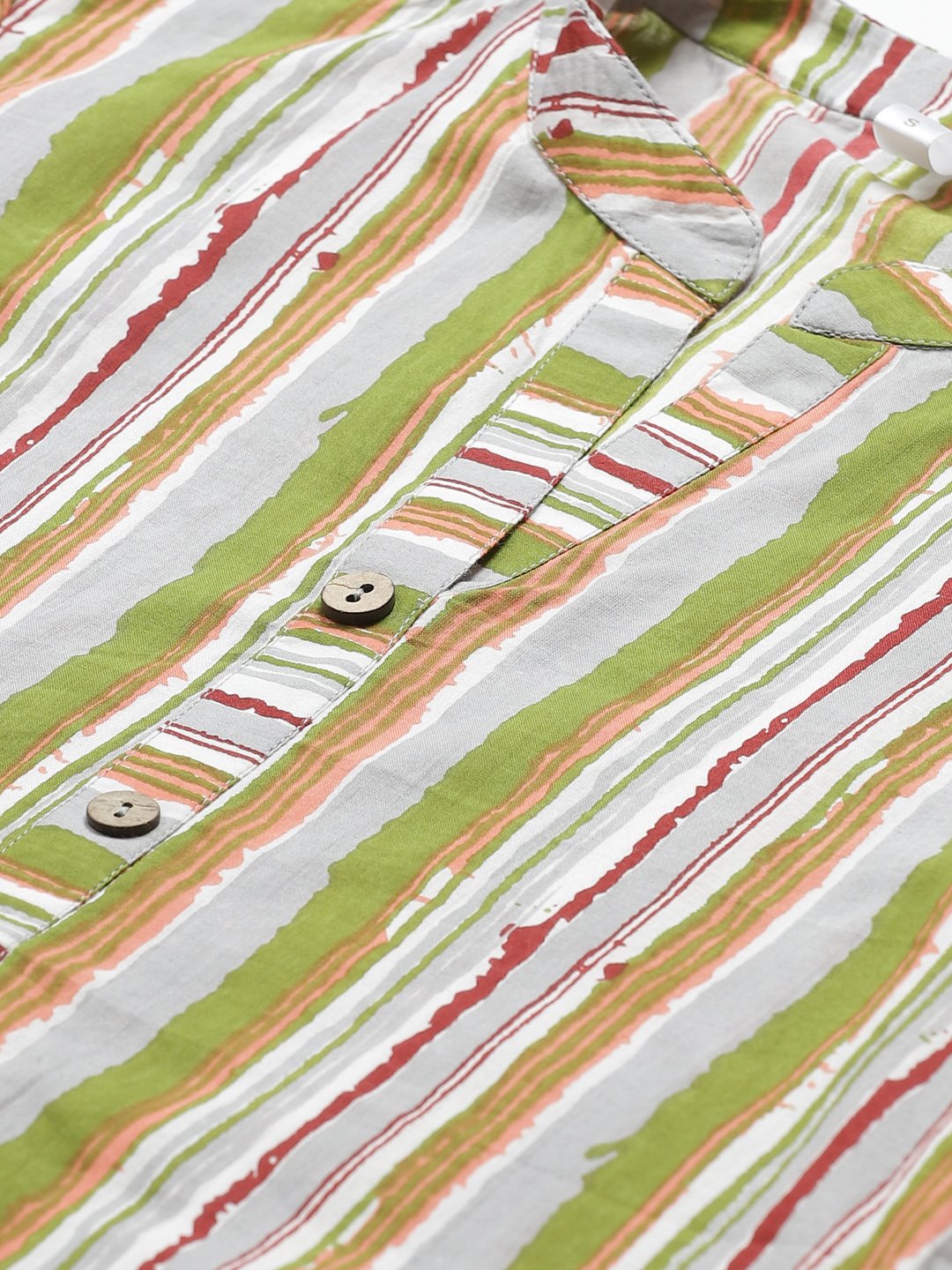 Women's Grey & Multi Regular Vertical Stripes Mandarin Collar Top