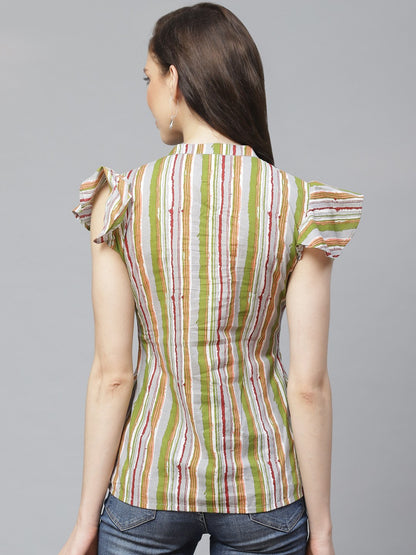 Women's Grey & Multi Regular Vertical Stripes Mandarin Collar Top