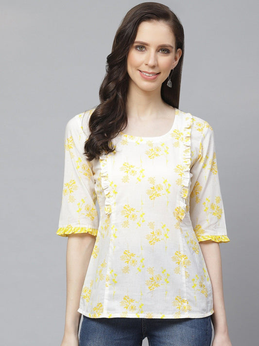 Women's White & Yellow Regular Floral Printed Round Neck Top