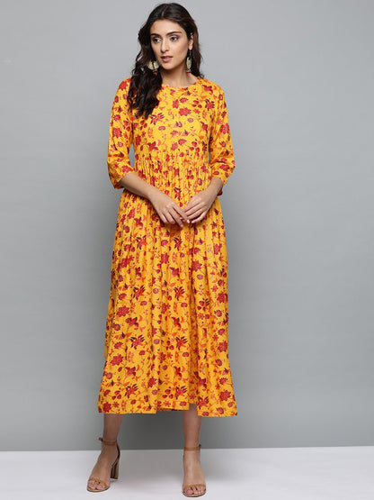 Women's Mustard Yellow Floral Printed Round Neck A-Line Dress