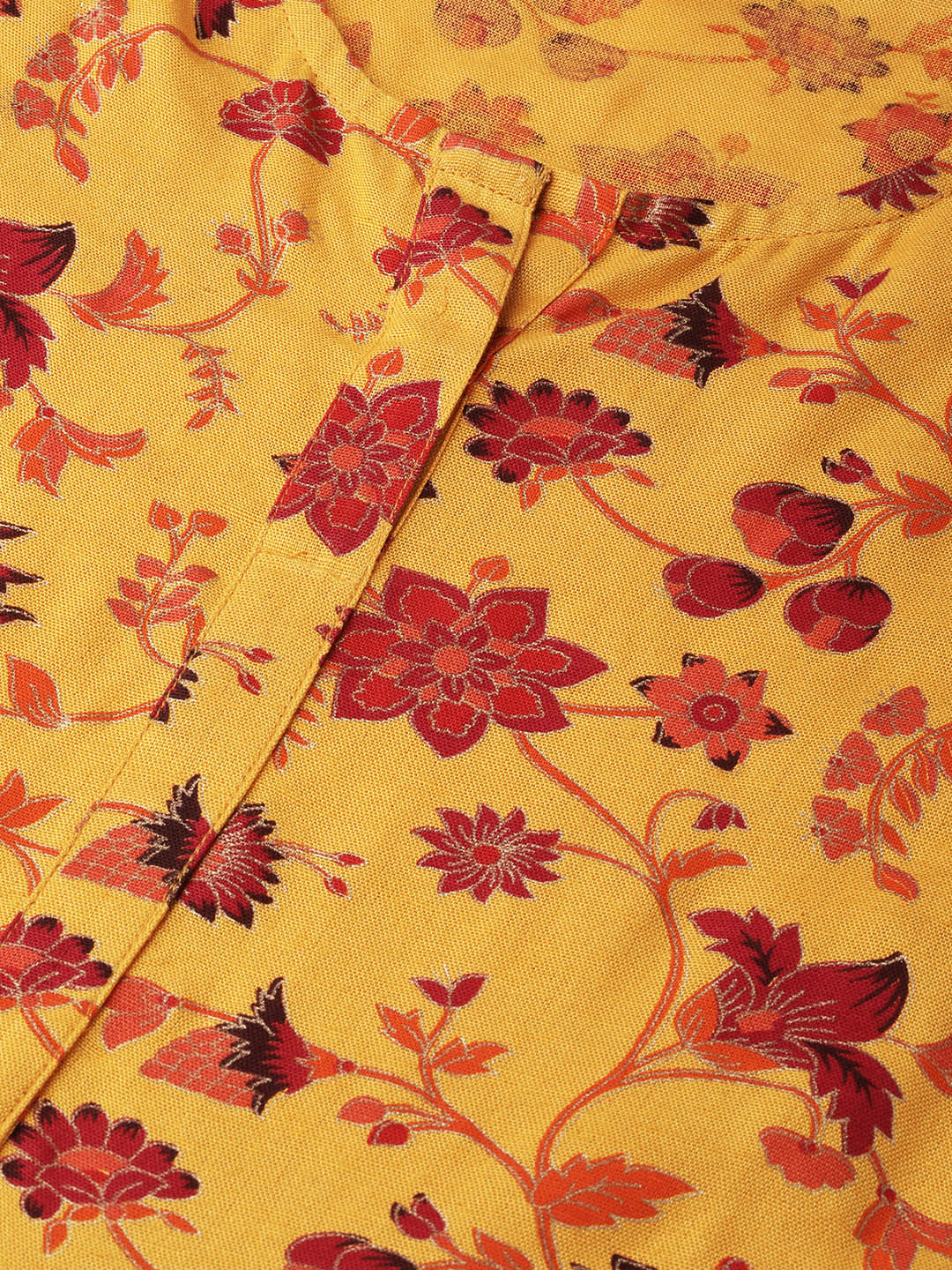 Women's Mustard Yellow Floral Printed Round Neck A-Line Dress