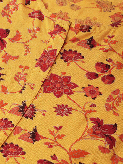 Women's Mustard Yellow Floral Printed Round Neck A-Line Dress