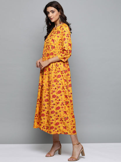 Women's Mustard Yellow Floral Printed Round Neck A-Line Dress