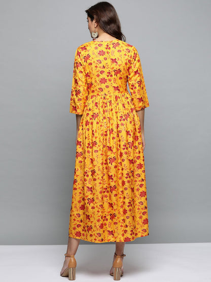 Women's Mustard Yellow Floral Printed Round Neck A-Line Dress