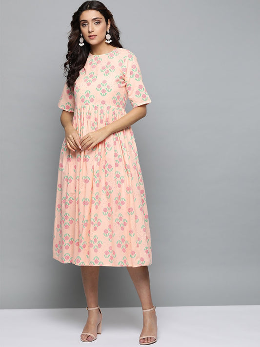 Women's Peach Floral Printed Round Neck A-Line Dress