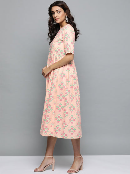 Women's Peach Floral Printed Round Neck A-Line Dress