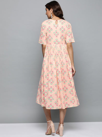 Women's Peach Floral Printed Round Neck A-Line Dress