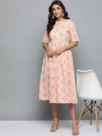 Women's Peach Floral Printed Round Neck A-Line Dress