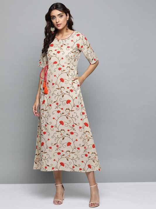 Women's Beige Floral Printed Round Neck A-Line Dress