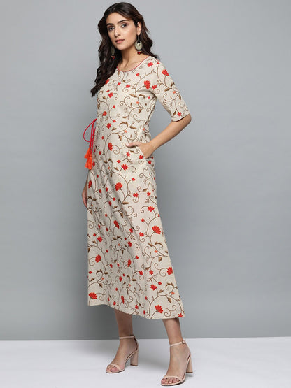 Women's Beige Floral Printed Round Neck A-Line Dress