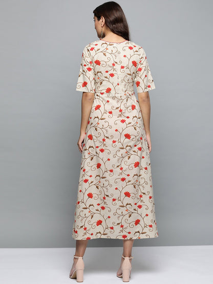 Women's Beige Floral Printed Round Neck A-Line Dress