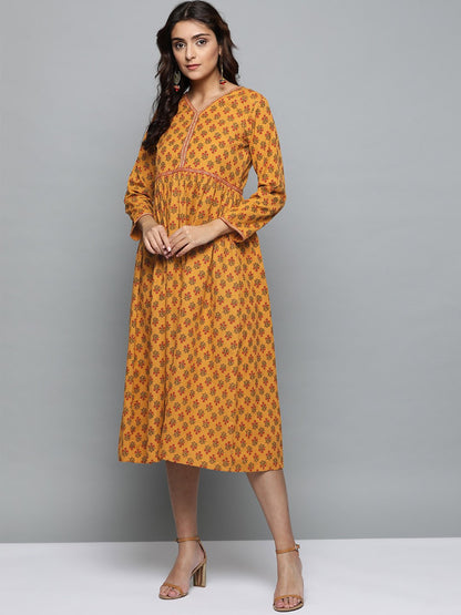 Women's Mustard Yellow Floral Printed V-Neck A-Line Dress
