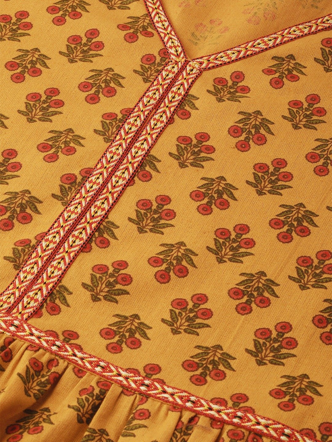 Women's Mustard Yellow Floral Printed V-Neck A-Line Dress