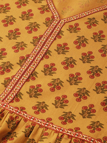 Women's Mustard Yellow Floral Printed V-Neck A-Line Dress