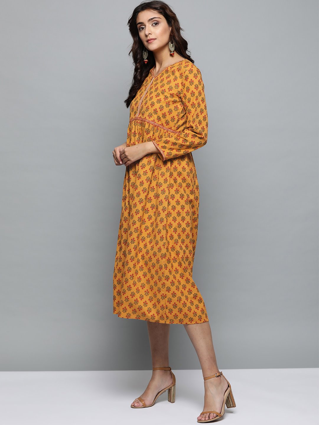 Women's Mustard Yellow Floral Printed V-Neck A-Line Dress