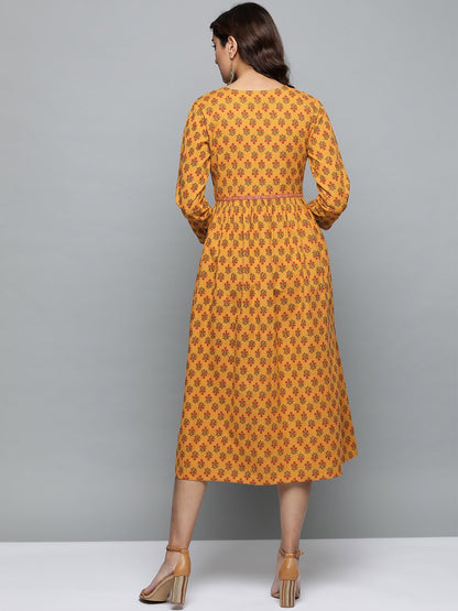 Women's Mustard Yellow Floral Printed V-Neck A-Line Dress