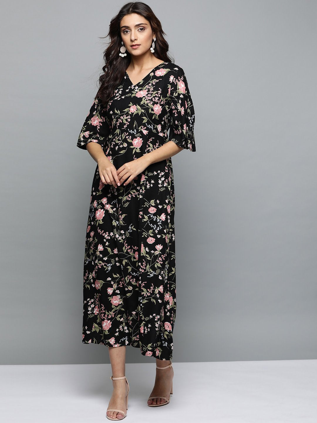 Women's Black Floral Printed V-Neck A-Line Dress