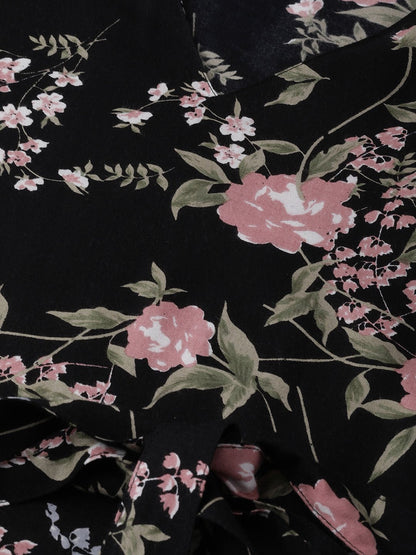 Women's Black Floral Printed V-Neck A-Line Dress