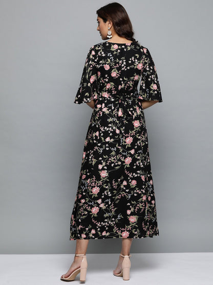 Women's Black Floral Printed V-Neck A-Line Dress