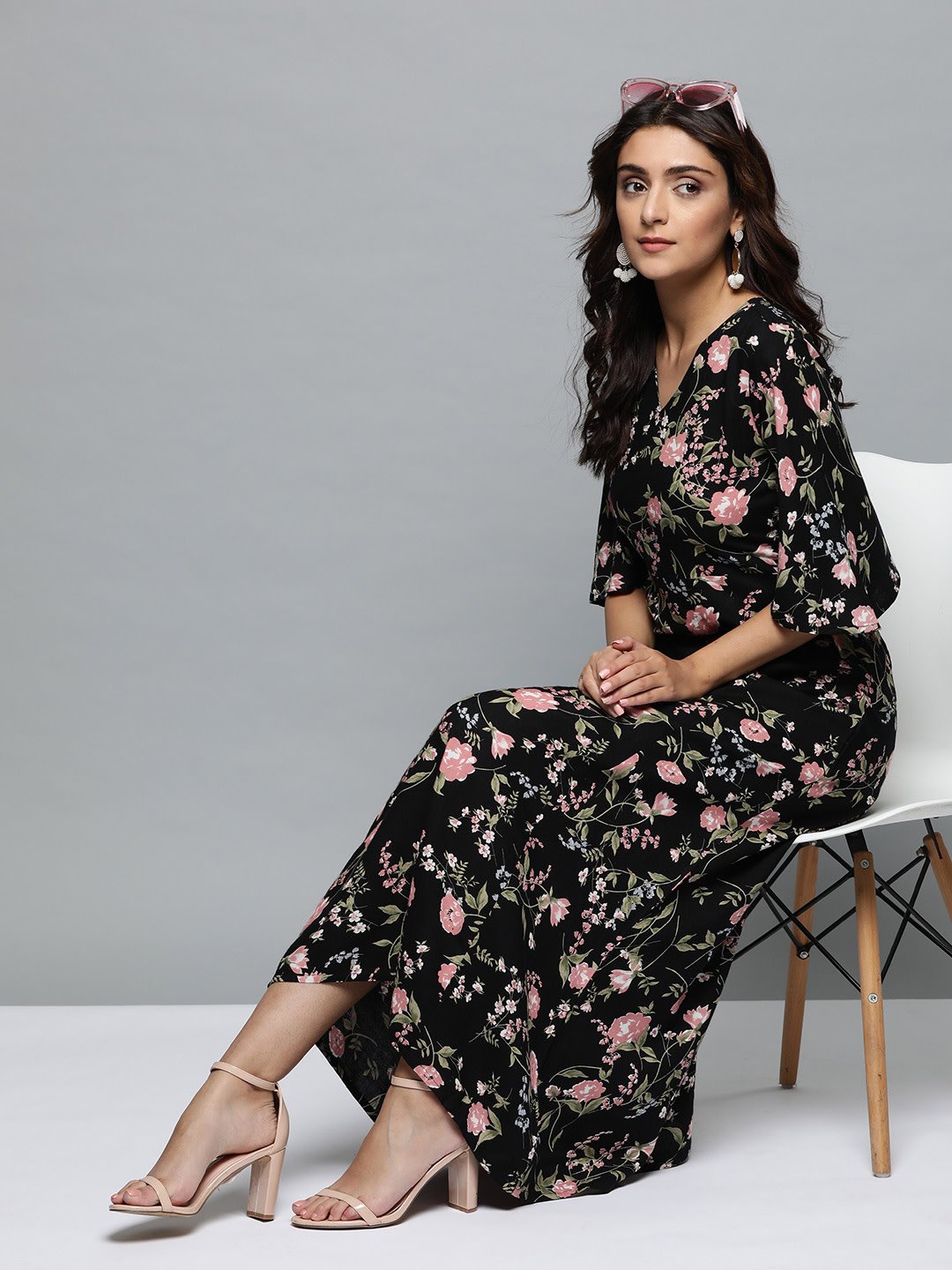 Women's Black Floral Printed V-Neck A-Line Dress