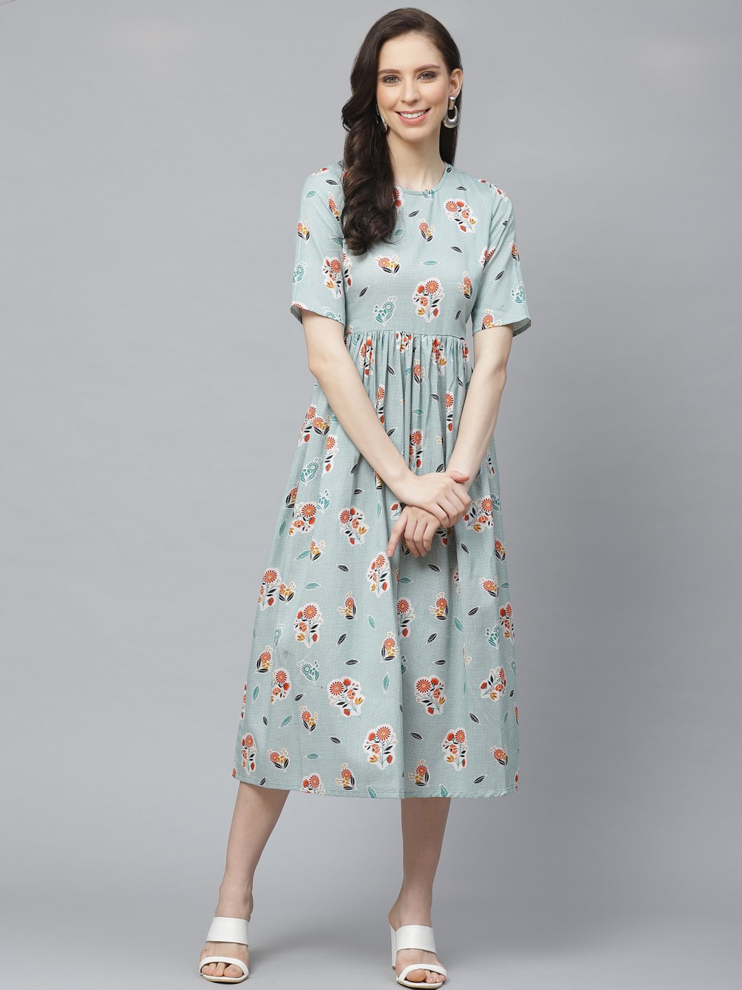 Women's Turquoise Blue Floral Printed Round Neck Cotton A-Line Dress