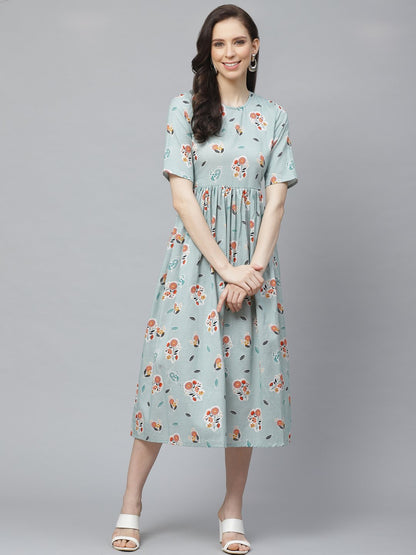 Women's Turquoise Blue Floral Printed Round Neck Cotton A-Line Dress