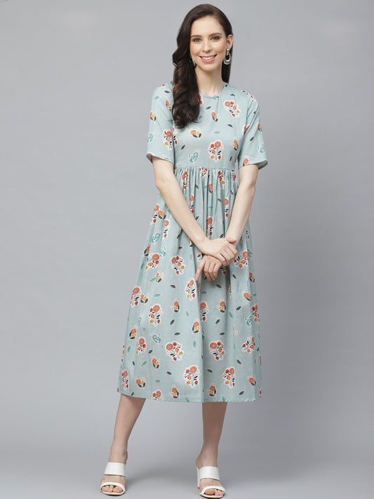 Women's Turquoise Blue Floral Printed Round Neck Cotton A-Line Dress