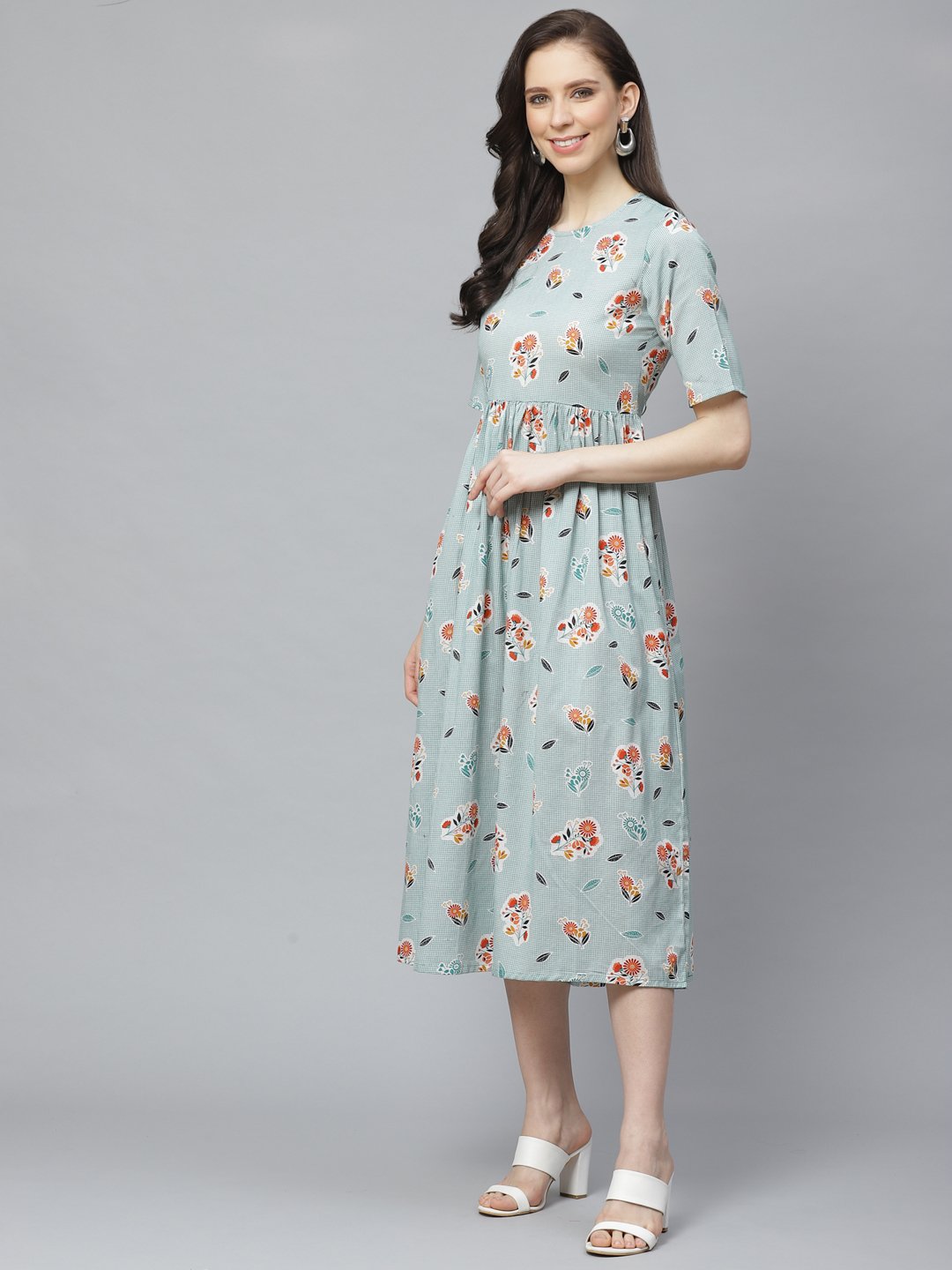Women's Turquoise Blue Floral Printed Round Neck Cotton A-Line Dress