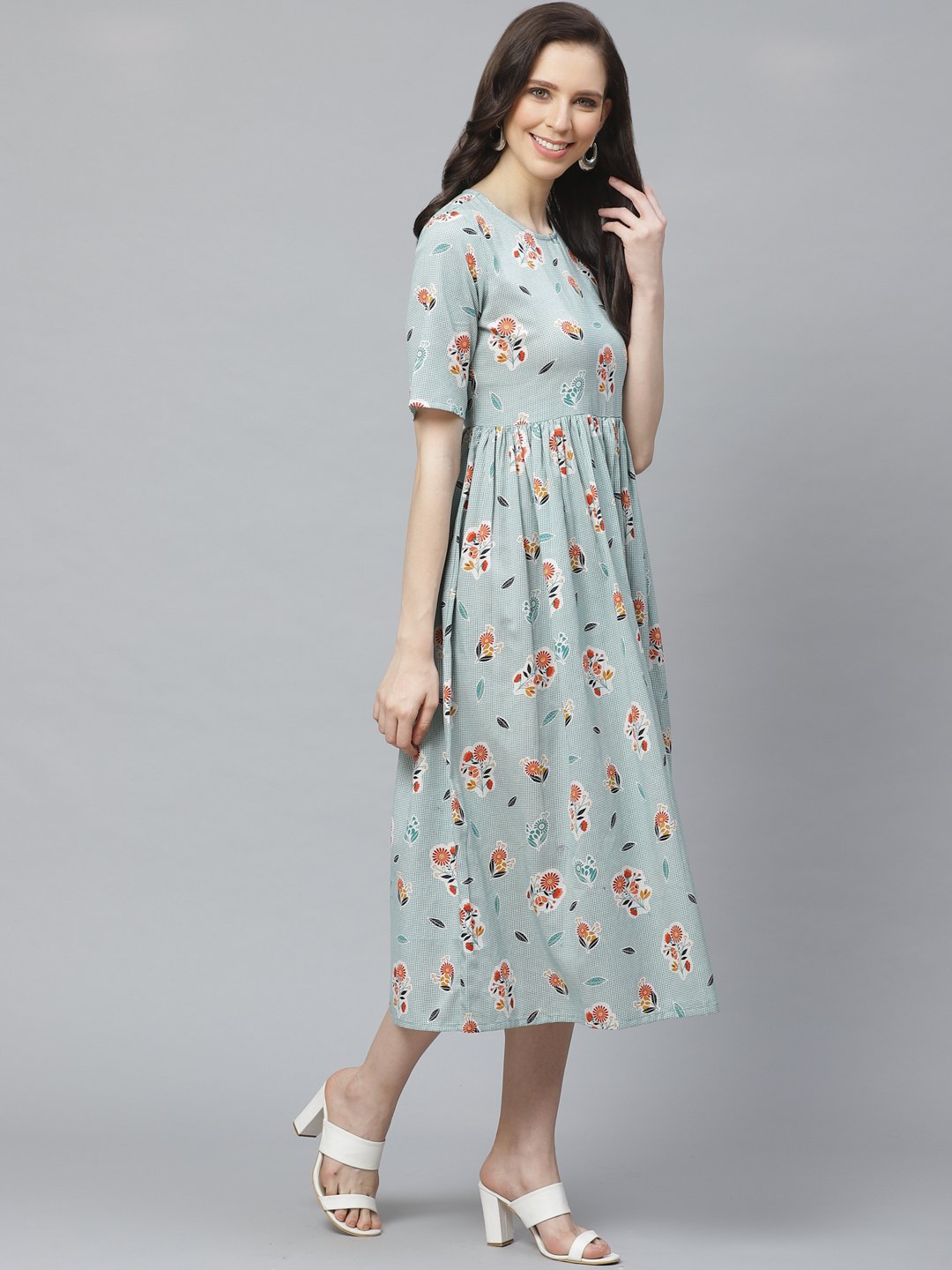 Women's Turquoise Blue Floral Printed Round Neck Cotton A-Line Dress