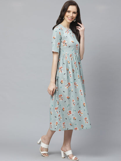 Women's Turquoise Blue Floral Printed Round Neck Cotton A-Line Dress