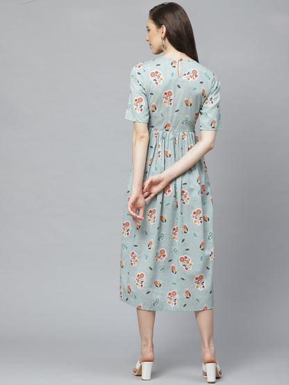 Women's Turquoise Blue Floral Printed Round Neck Cotton A-Line Dress