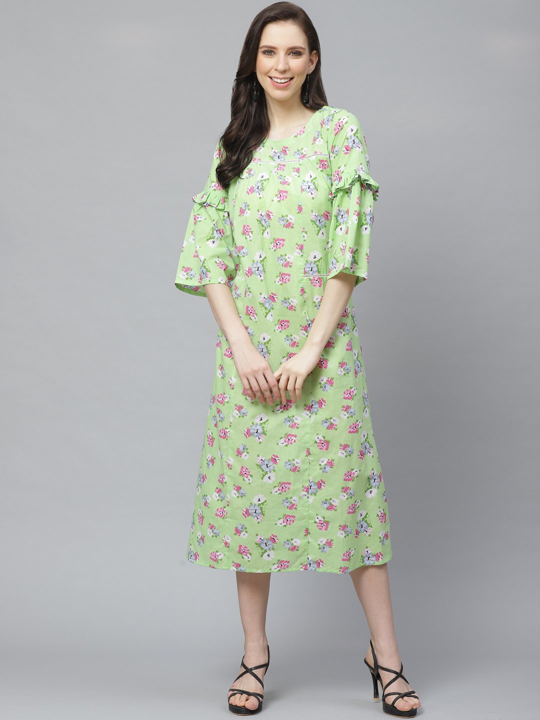 Women's Green Floral Printed Round Neck Cotton A-Line Dress
