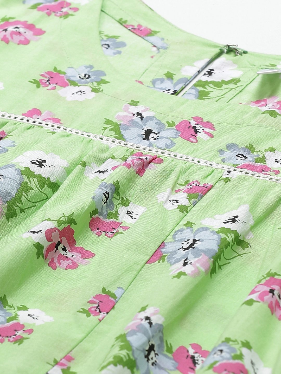 Women's Green Floral Printed Round Neck Cotton A-Line Dress