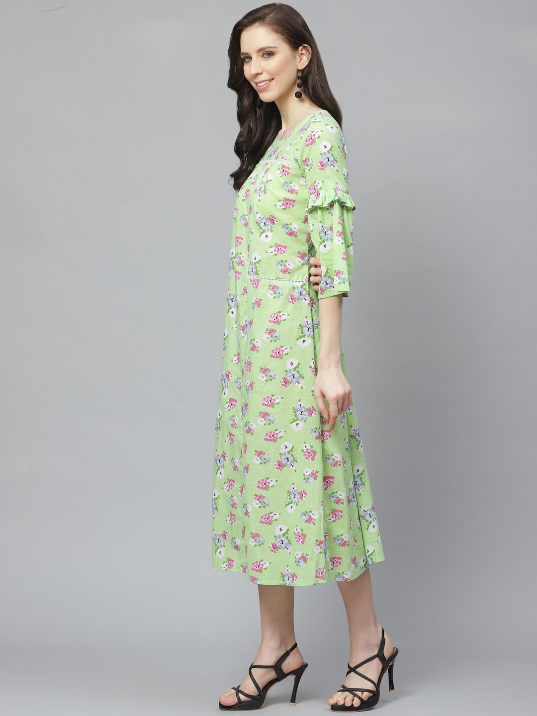 Women's Green Floral Printed Round Neck Cotton A-Line Dress