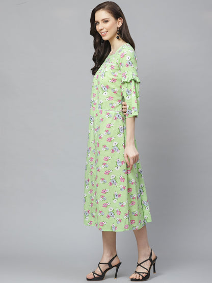 Women's Green Floral Printed Round Neck Cotton A-Line Dress