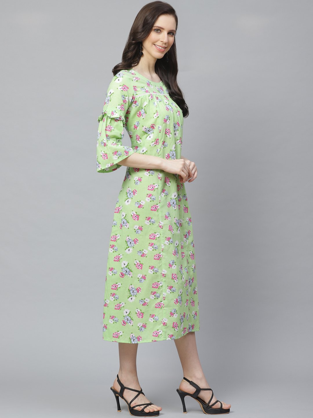 Women's Green Floral Printed Round Neck Cotton A-Line Dress