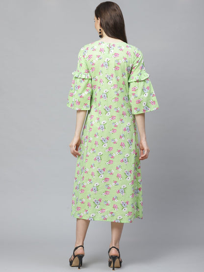 Women's Green Floral Printed Round Neck Cotton A-Line Dress