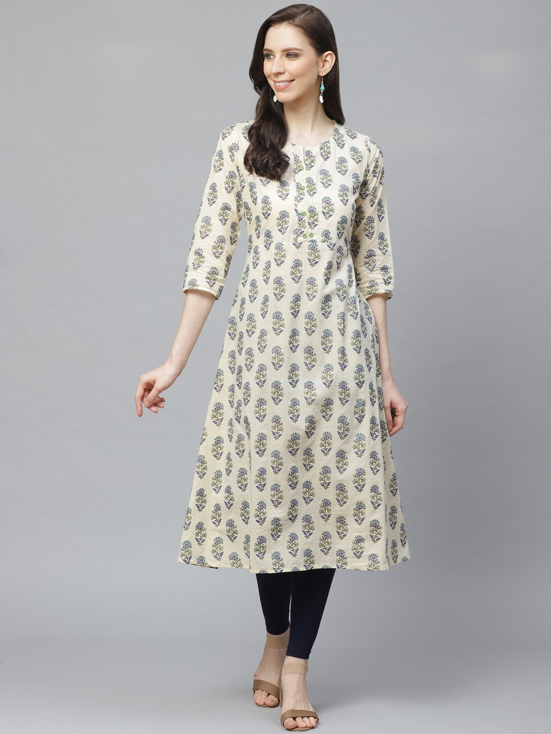 Women's Beige Calf Length Three-Quarter Sleeves A-Line Floral Printed Cotton Kurta