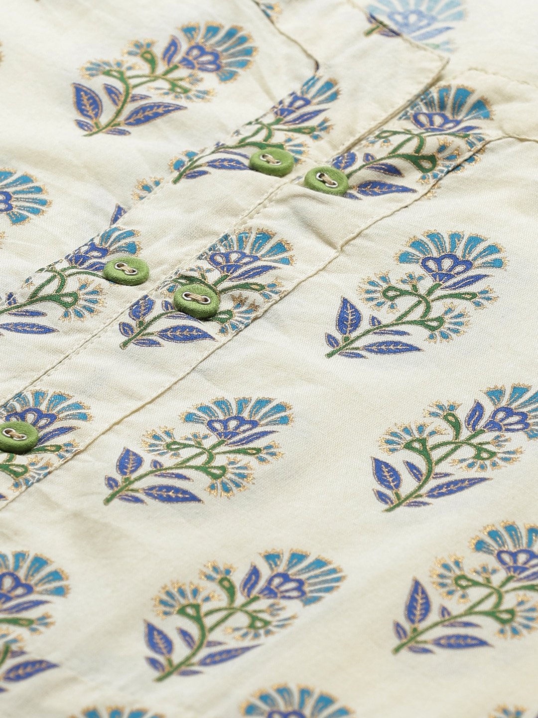Women's Beige Calf Length Three-Quarter Sleeves A-Line Floral Printed Cotton Kurta