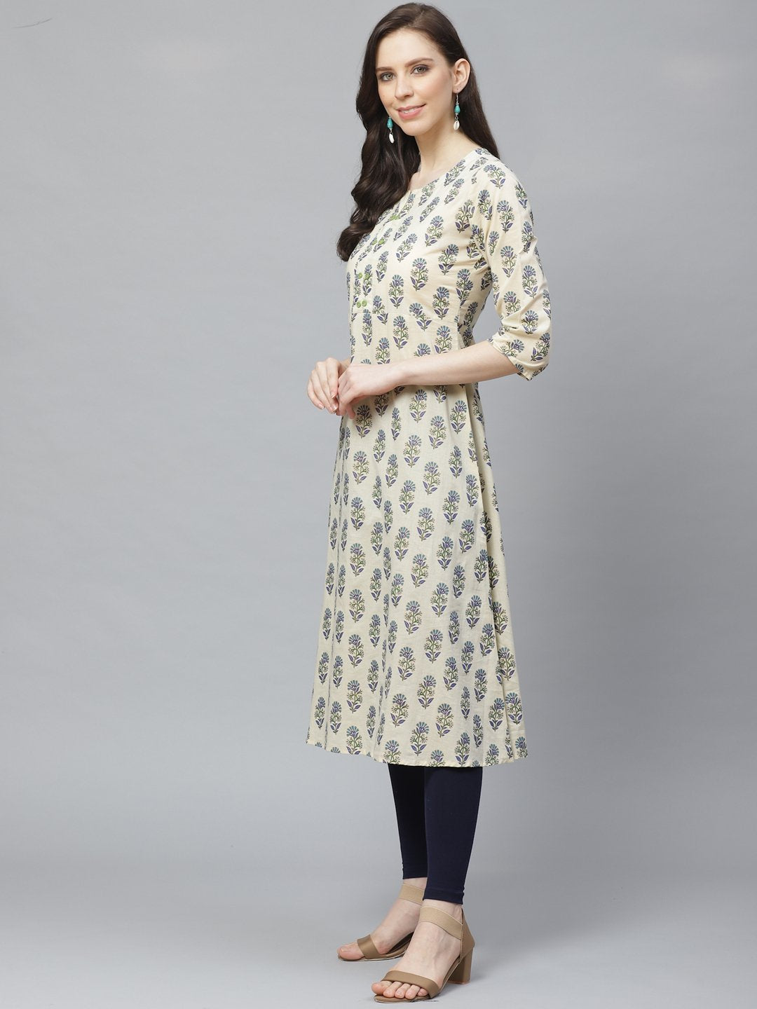 Women's Beige Calf Length Three-Quarter Sleeves A-Line Floral Printed Cotton Kurta