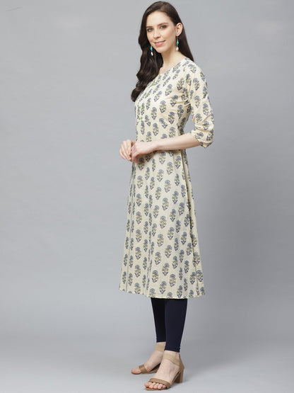 Women's Beige Calf Length Three-Quarter Sleeves A-Line Floral Printed Cotton Kurta