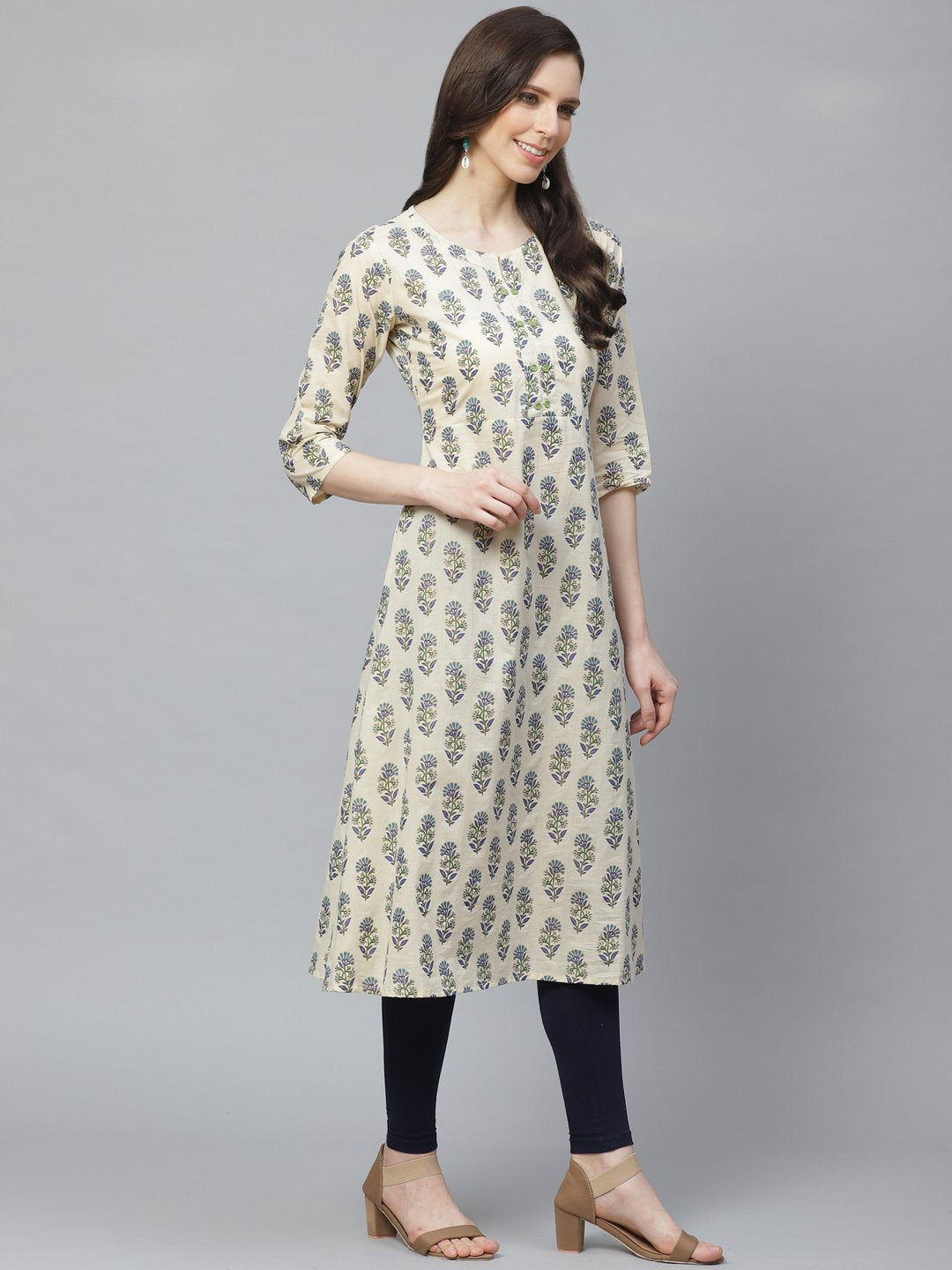 Women's Beige Calf Length Three-Quarter Sleeves A-Line Floral Printed Cotton Kurta
