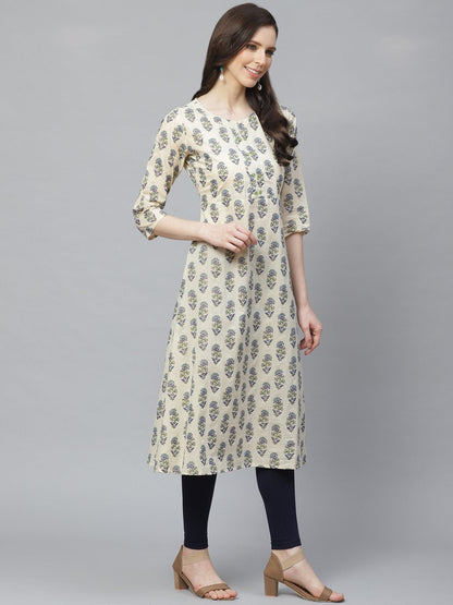 Women's Beige Calf Length Three-Quarter Sleeves A-Line Floral Printed Cotton Kurta