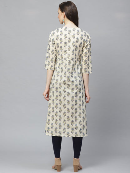 Women's Beige Calf Length Three-Quarter Sleeves A-Line Floral Printed Cotton Kurta
