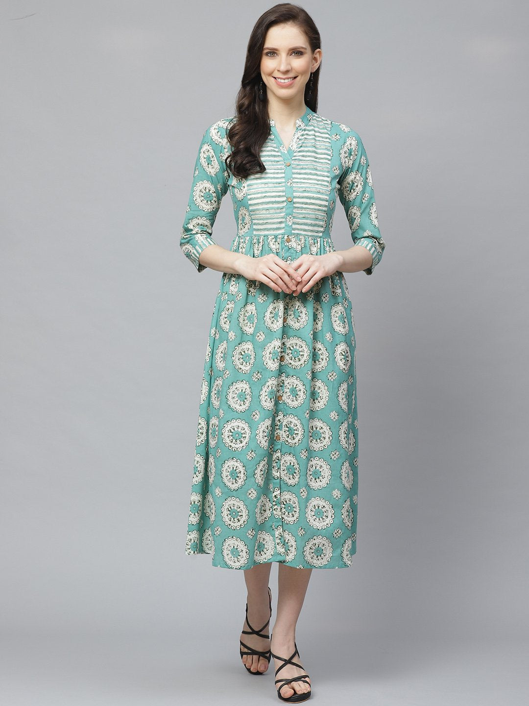 Women's Green Conversational Printed Mandarin Collar Cotton A-Line Dress