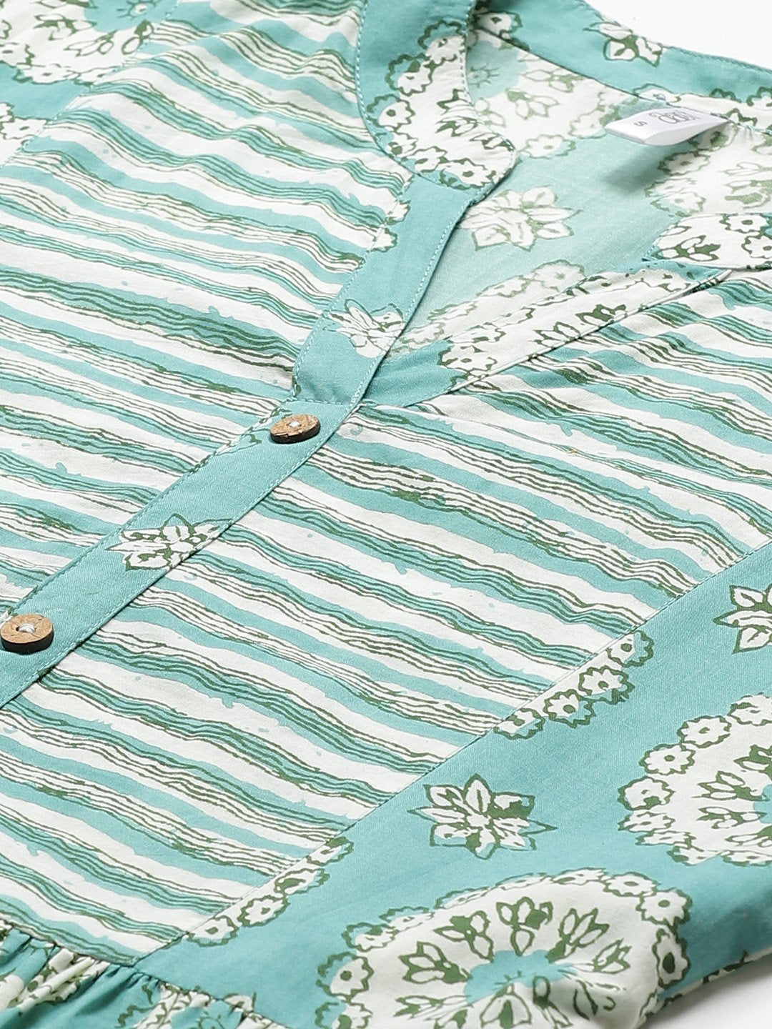 Women's Green Conversational Printed Mandarin Collar Cotton A-Line Dress