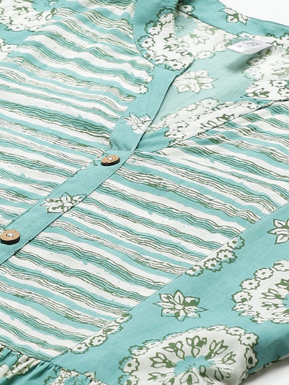 Women's Green Conversational Printed Mandarin Collar Cotton A-Line Dress