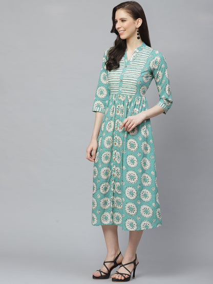 Women's Green Conversational Printed Mandarin Collar Cotton A-Line Dress